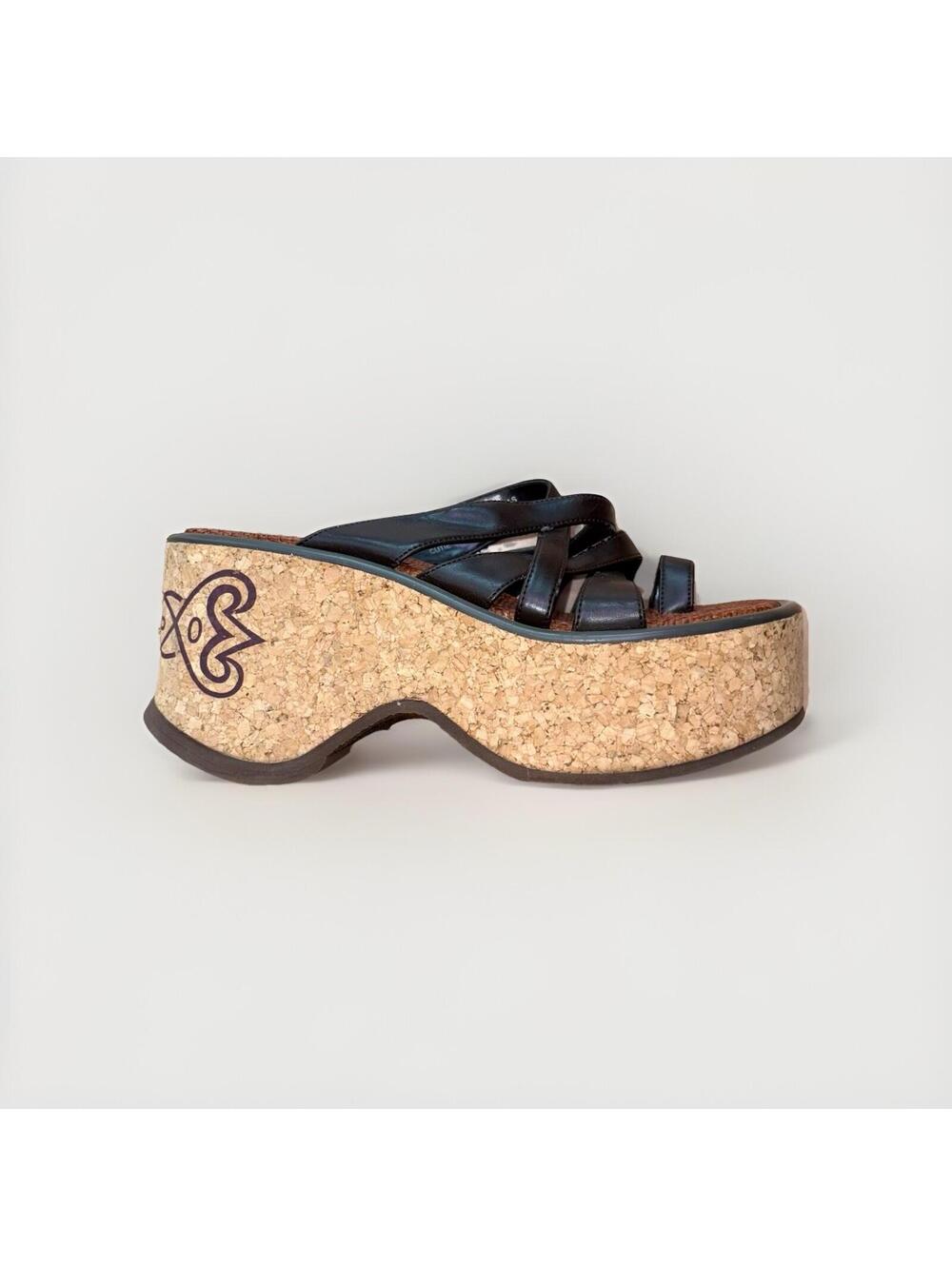 Olukai Kamola Size 8 Slide Black Leather Wood Platform Wedge Sandals